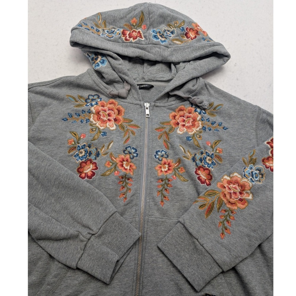 Driftwood Floral Embroidered Zip‎ Up Hoodie Womens XS Gray Boho Cotton